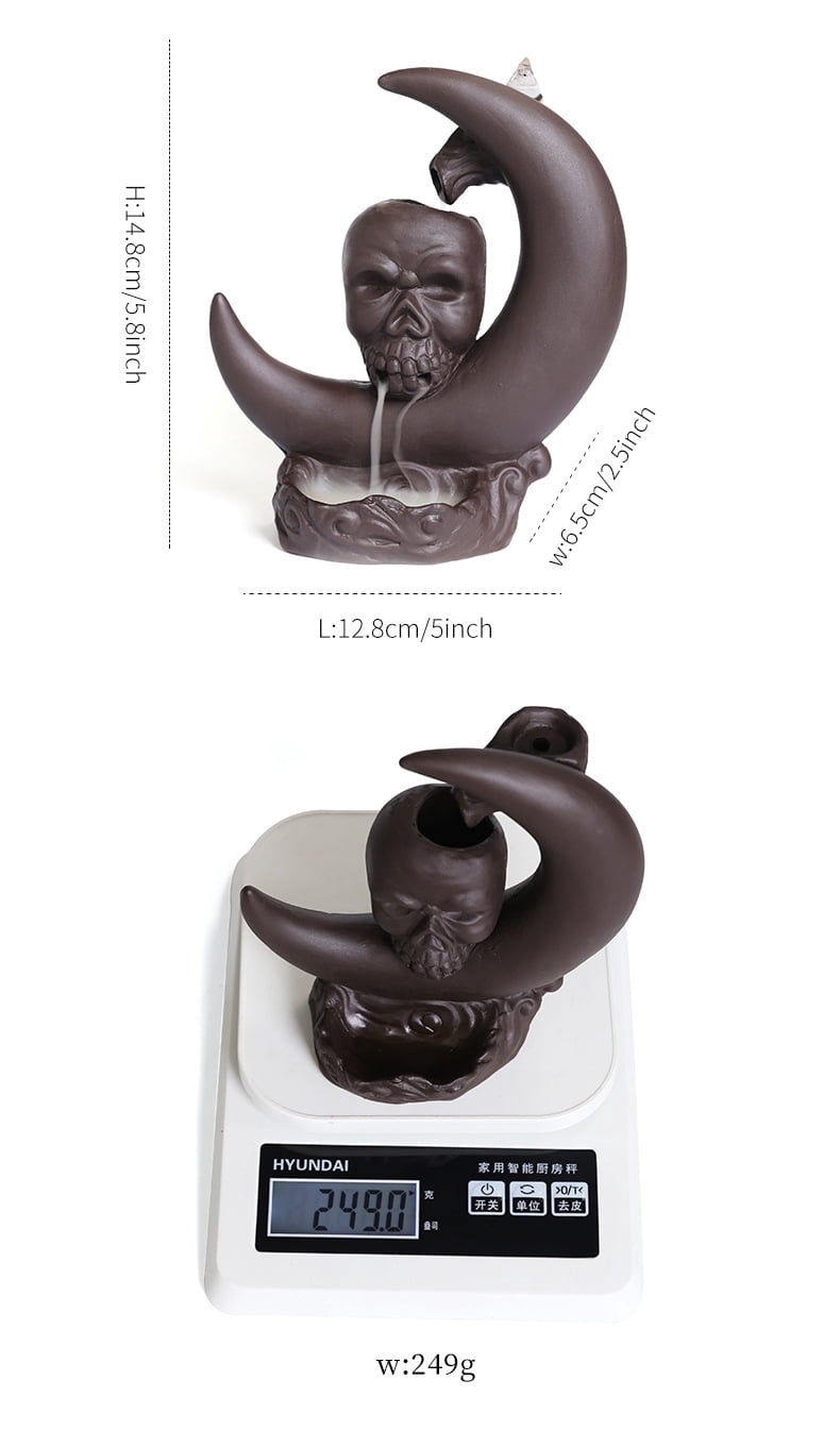 Purple Clay Moon Shape Backflow Incense Burner Creative Halloween Skull Head Smoke Sandalwood Incense Holder Home Decor