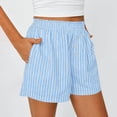 thumbnail image 2 of Costeam Womens Vertical Striped Casual Shorts Ruffled Smocked Elastic Waist Fake Front Button Detail Side Inset Pockets Lightweight Crinkle Woven Fabric Loose Fit Summer Sleep Short Bottoms, 2 of 6