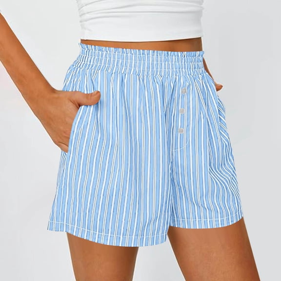 Utoimkio Striped Shorts for Women Smocked Waist with Decorative Buttons and Relaxed Fit