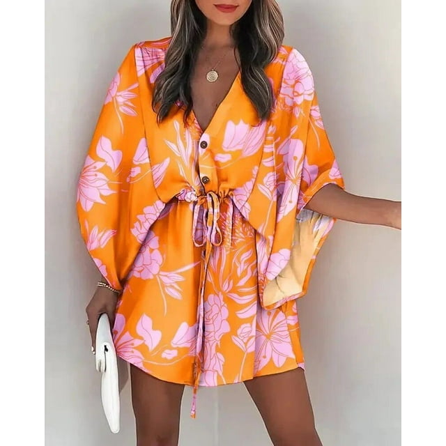 HKEDES Women's Abstract Geo Surplice Loose Leg Romper, Mini Short Flying sleeve, Jumpsu