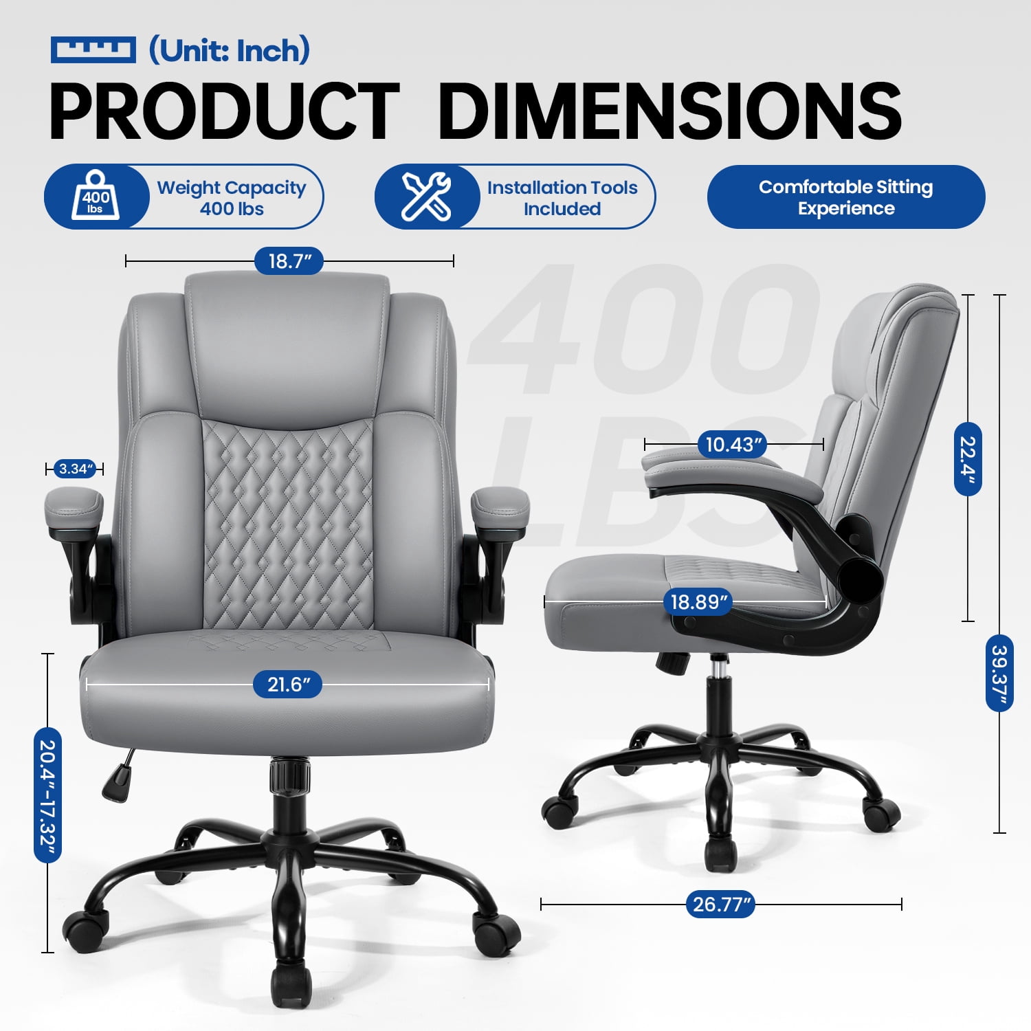 Waleaf Leather Office Chair,Wide Seat Small Computer Desk Chair Ergonomic Mid-Back Executive Chair with Back Support for Short People,Gray