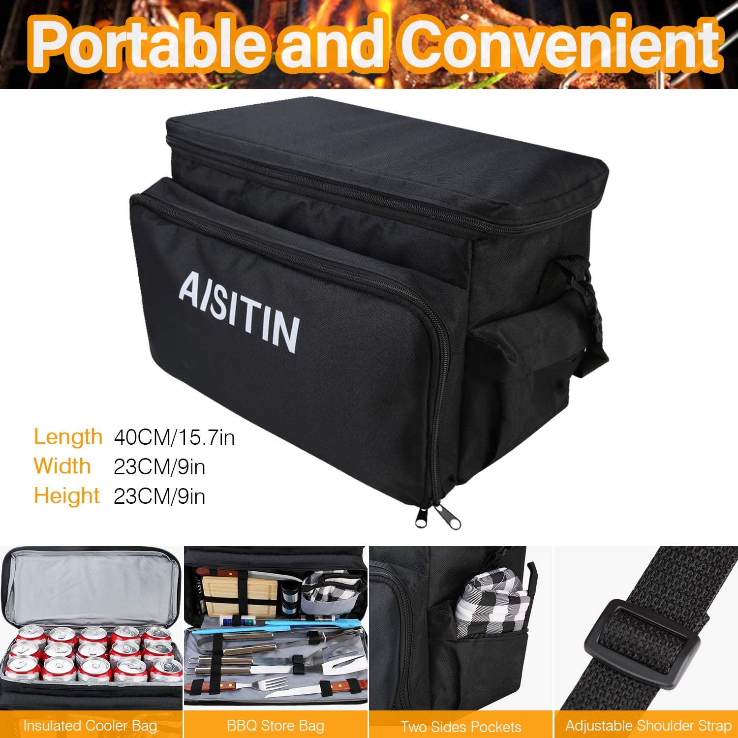 AISITIN BBQ Grill Accessories with Insulated Cooler Bag, Grill Utensils Set BBQ Grilling Accessories BBQ Tools Set, Stainless Steel Grill Set for Smoker, Camping, Kitchen Grill Tool Set for Men - image 2 of 9