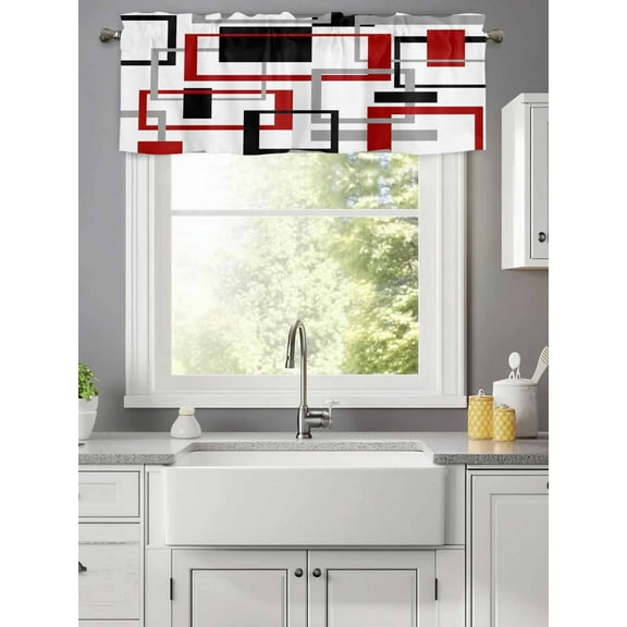 Curtain Valance for Windows,Geometric Red Grey Black Square Kitchen Valances Rod Pocket Short Curtains,Abstract Art Window Treatment Panel for Bedroom Bathroom 42x12in