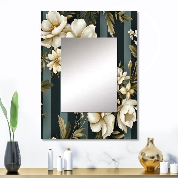 Designart "Dreamy Floral Dreamscape In Classic Elegance Stripes" Abstract Wall Mirror, Printed Green Wall Mirror, Shabby Chic Bathroom Wall Mirror, Decorative Abstract Mirror - 24x32 Inch