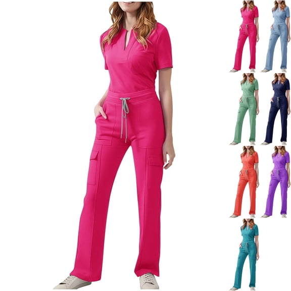 Women's 4-Way Stretch Scrub Sets Notch V Neck Top & Multi-Pocket Cargo Pants Short Sleeve Nursing Uniform Soft Quick Dry Wrinkle-Free Utility Workwear for Healthcare