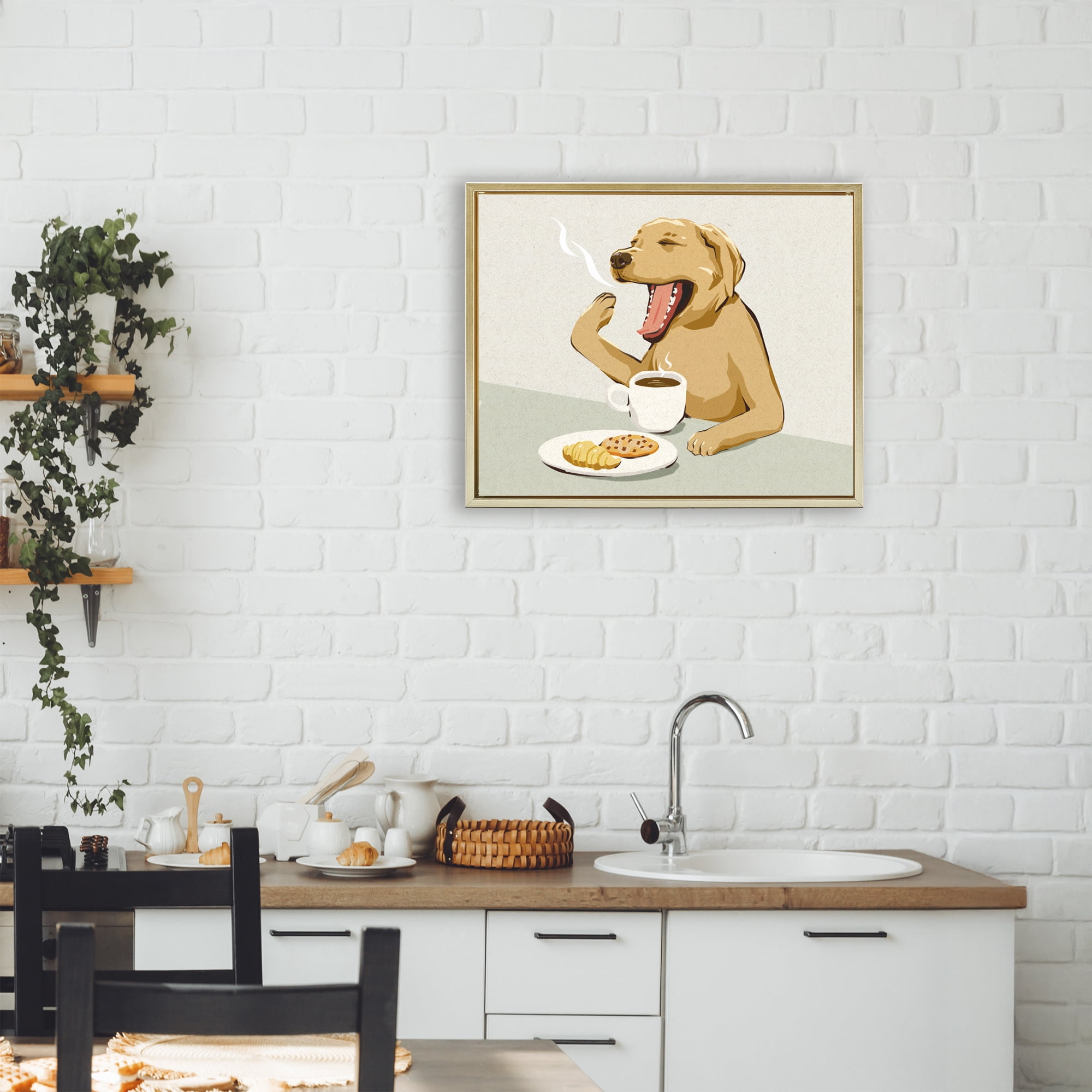 Stupell Industries Yawning Dog with Morning Coffee Gold Framed Floater Canvas Wall Art, design by Ziwei Li