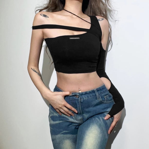 VISgogo Tops cortos casuales para mujer, una manga larga con etiqueta de patchwork, tops ajustados sin espalda VISgogo moda