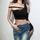 thumbnail image 1 of VISgogo Tops cortos casuales para mujer, una manga larga con etiqueta de patchwork, tops ajustados sin espalda VISgogo moda, 1 of 2