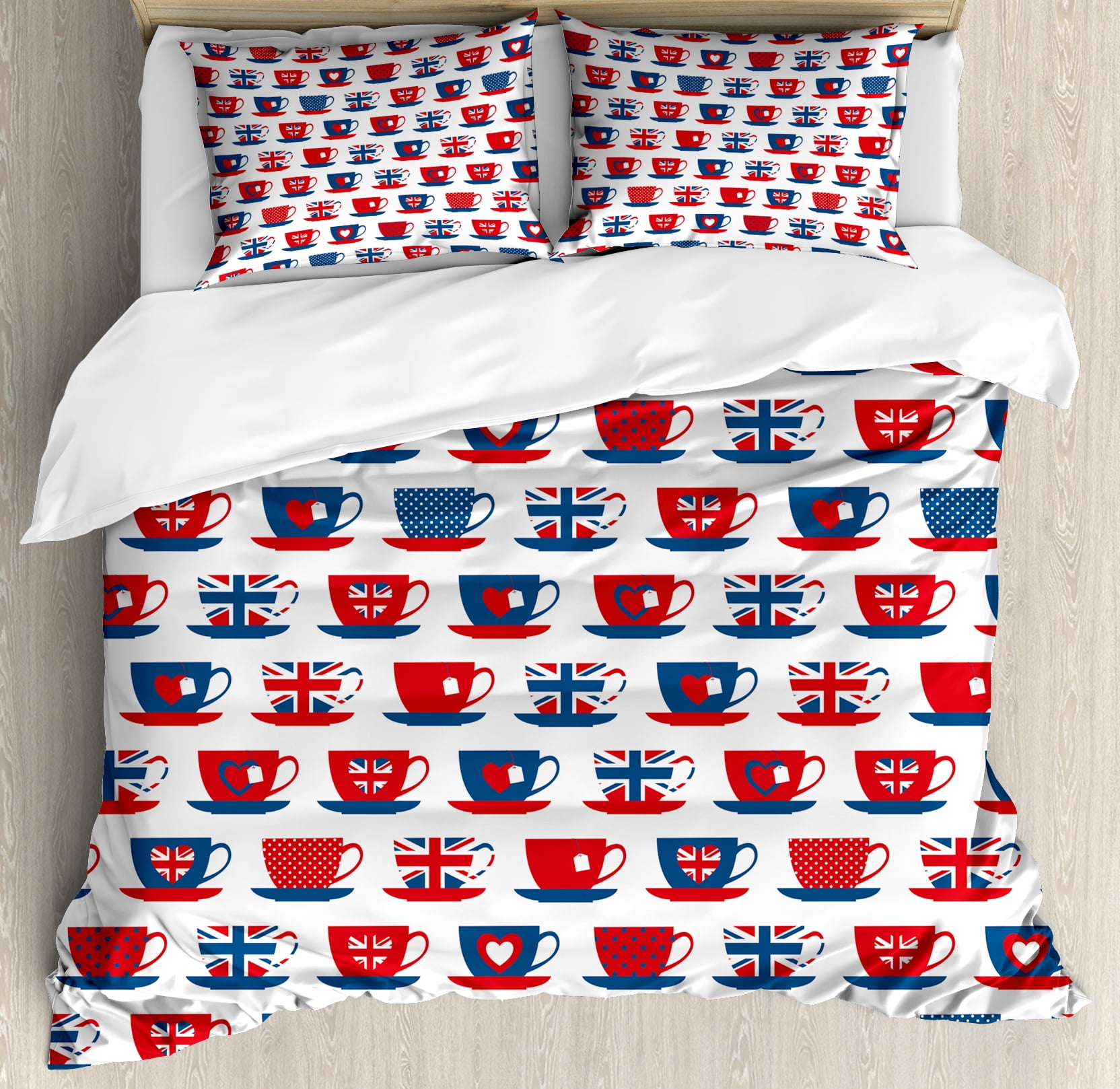 Tea Party Duvet Cover Set Great Britain Themed Teacup Forms Tea Party Duvet Cover Set Great Britain Themed Teacup Forms Patterned Union Jack Hearts Flags Decorative Bedding With Pillow Shams Vermilion Night