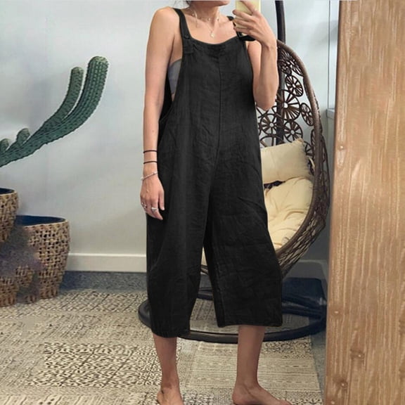 Women Casual Loose Wide Leg Jumpsuits Long Bib Pants Cotton Overalls with Pockets Black S