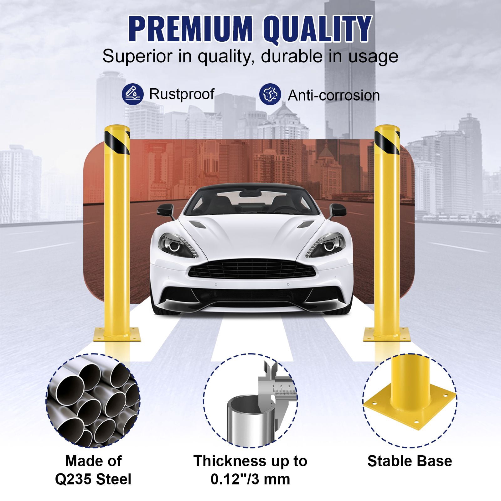 Safety Bollard, 36 Inch Height Bollard Post, 4.5 Inch Diameter Steel Pipe Safety Bollard Post, Yellow Steel Bollard, Steel Safety Bollard with 8 Anchor Bolts, Perfect for Traffic-Sensitive Area