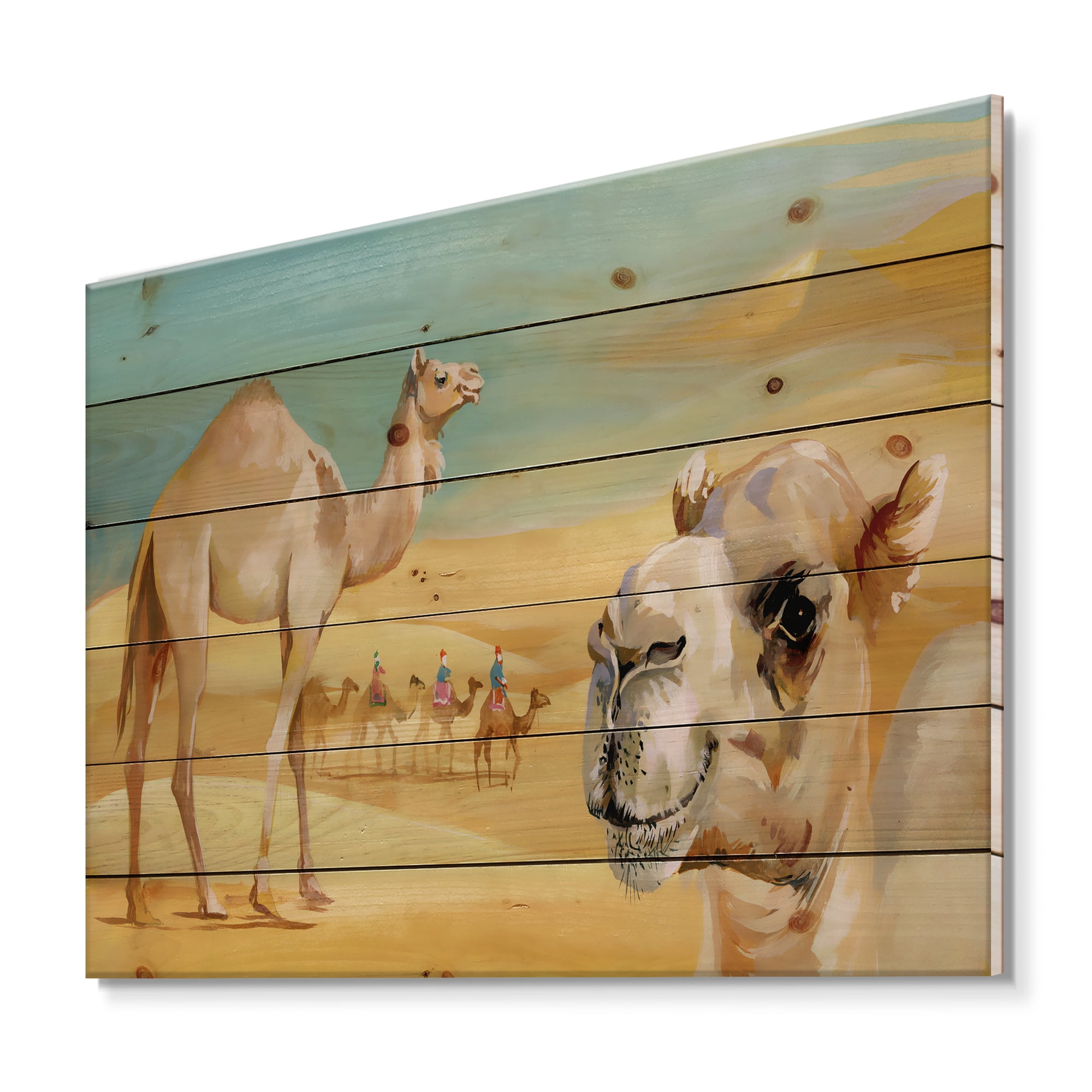 Designart 'Camels In Wild Desert II' Farmhouse Print on Natural Pine Wood