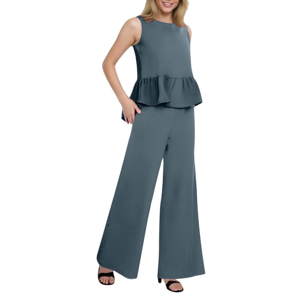 Conjunto de dos piezas de verano para mujer: top corto sin mangas con volantes y pantalones anchos con bolsillos, tejido ligero de poliéster.