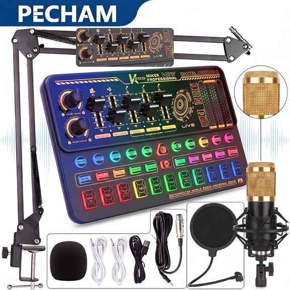 PECHAM Podcast Equipment Bundle, BM-800 Podcast Microphone with Voice Changer, Audio Mixer Condenser Microphone for Laptop Computer Vlog Living Broadcast Live Streaming YouTube TikTok