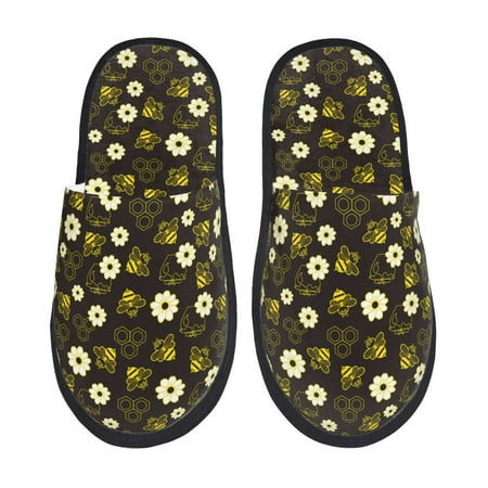 Balery Honey Bees With Flowers Slient Indoor Furry Fleece Comfort House Shoes Soft Non-Slip Home Shoes Cotton slippers House Slippers-- Large