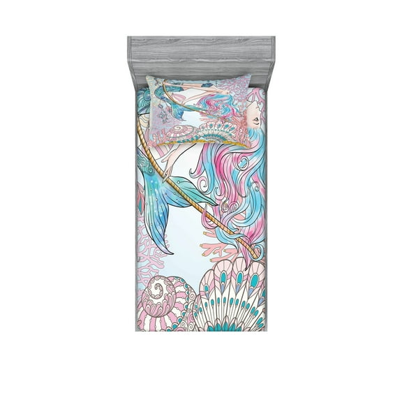 Ambesonne Cartoon Fitted Sheet & Pillow Sham Set, Greek Myth Seashell, Twinxl, Pink Blue