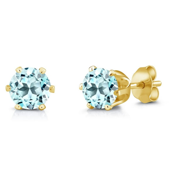 Gem Stone King Sky Blue Topaz Yellow Gold Plated Stud Earrings for Women Men | 2.39 Cttw | Gemstone November Birthstone | Round 6MM