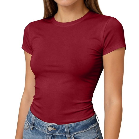 Lumtrix Womens Short Sleeve T Shirts - Summer Slim Fit Y2k Basic Tee Casual Crew Neck Tops for Workout Wine 2XL