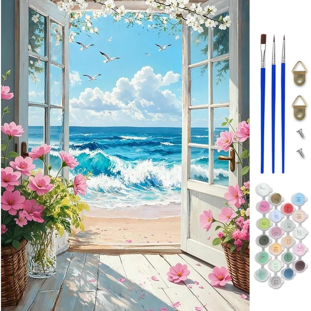 Kit de pintura por números de playa para adultos, kit de pintura de paisajes sobre lienzo para principiantes, kit de manualidades para adultos,16 x 20 pulgadas / 40 x 50 cm, marco no incluido.