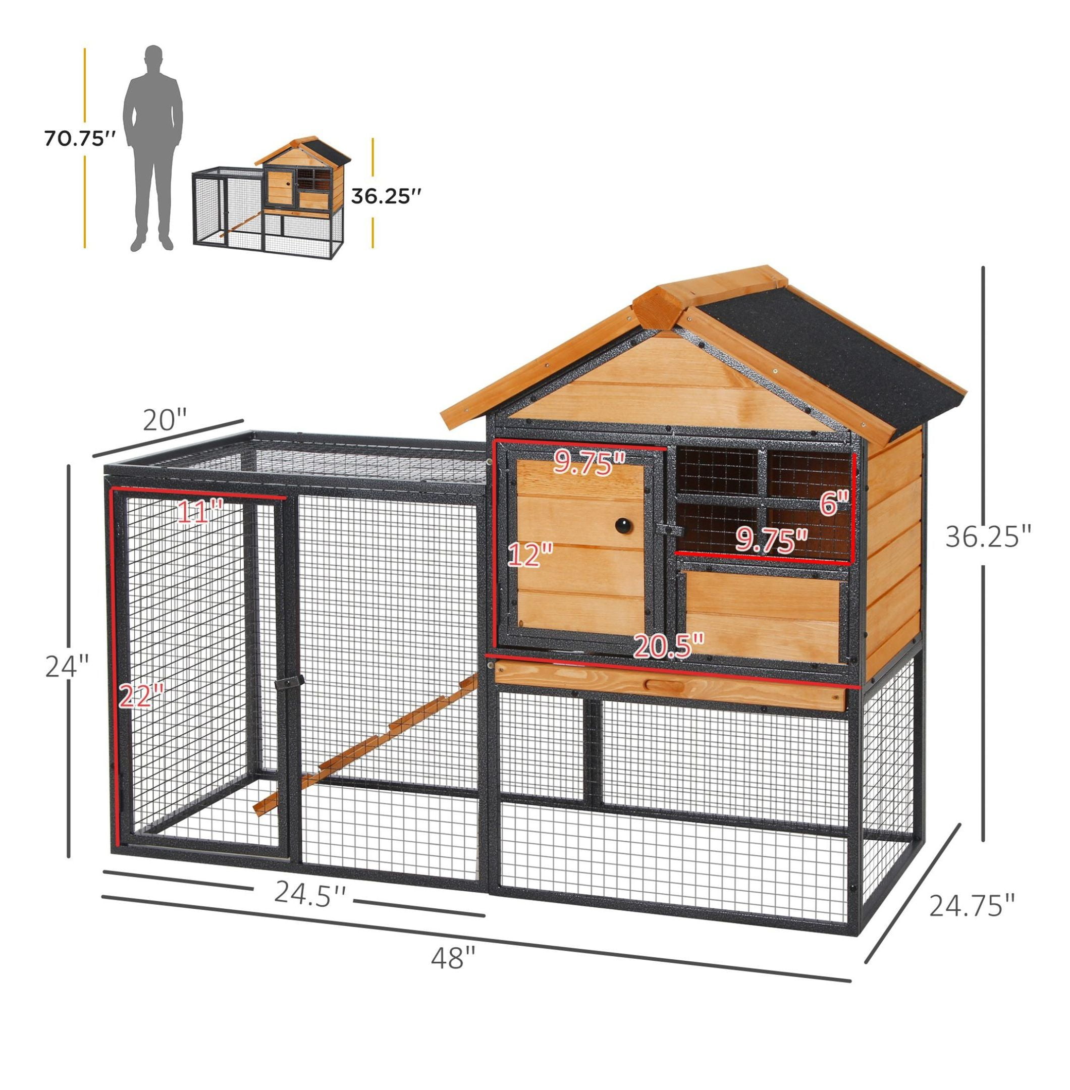 2-Level Rabbit Hutch Bunny Cage, Elevated Pet House with Weatherproof Hinged Asphalt Roof, Removable Tray & Ramp for Outdoor, Natural