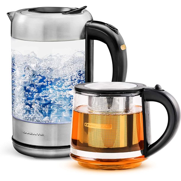Ovente Electric Glass Hot Water Kettle 1.7 Liter Blue LED Light