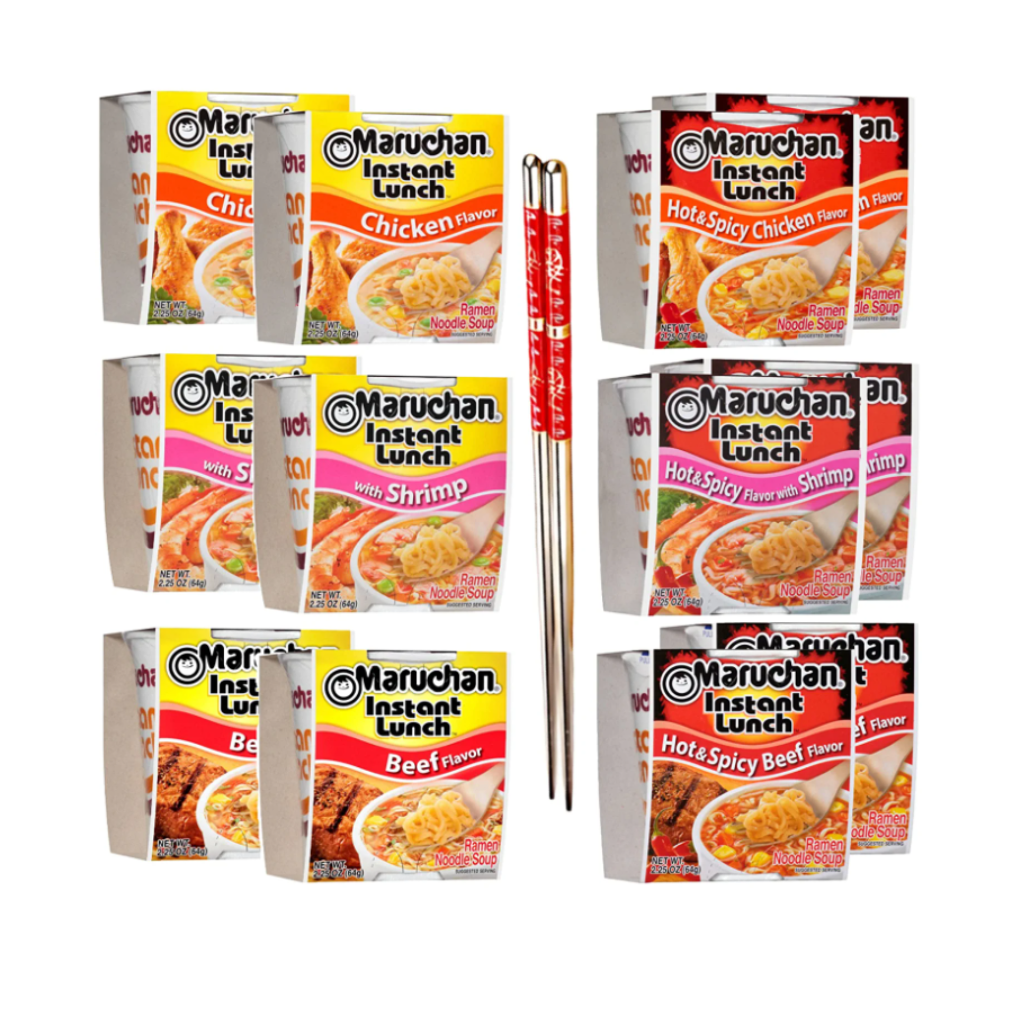 Instant Ramen Noodles Soup Variety Pack 6 Flavors- Chicken, Creamy Chicken,  Roast Chicken, Beef, Shrimp, Pork with 1-Set of Reusable Chopsticks(4 Each  Flavor, 24 Packs) 