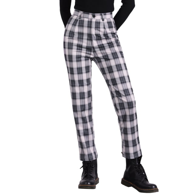 Pantalones de trabajo de cuadros recortados para mujer INSPIRE CHIC, con botones, estilo casual, en negro y beige