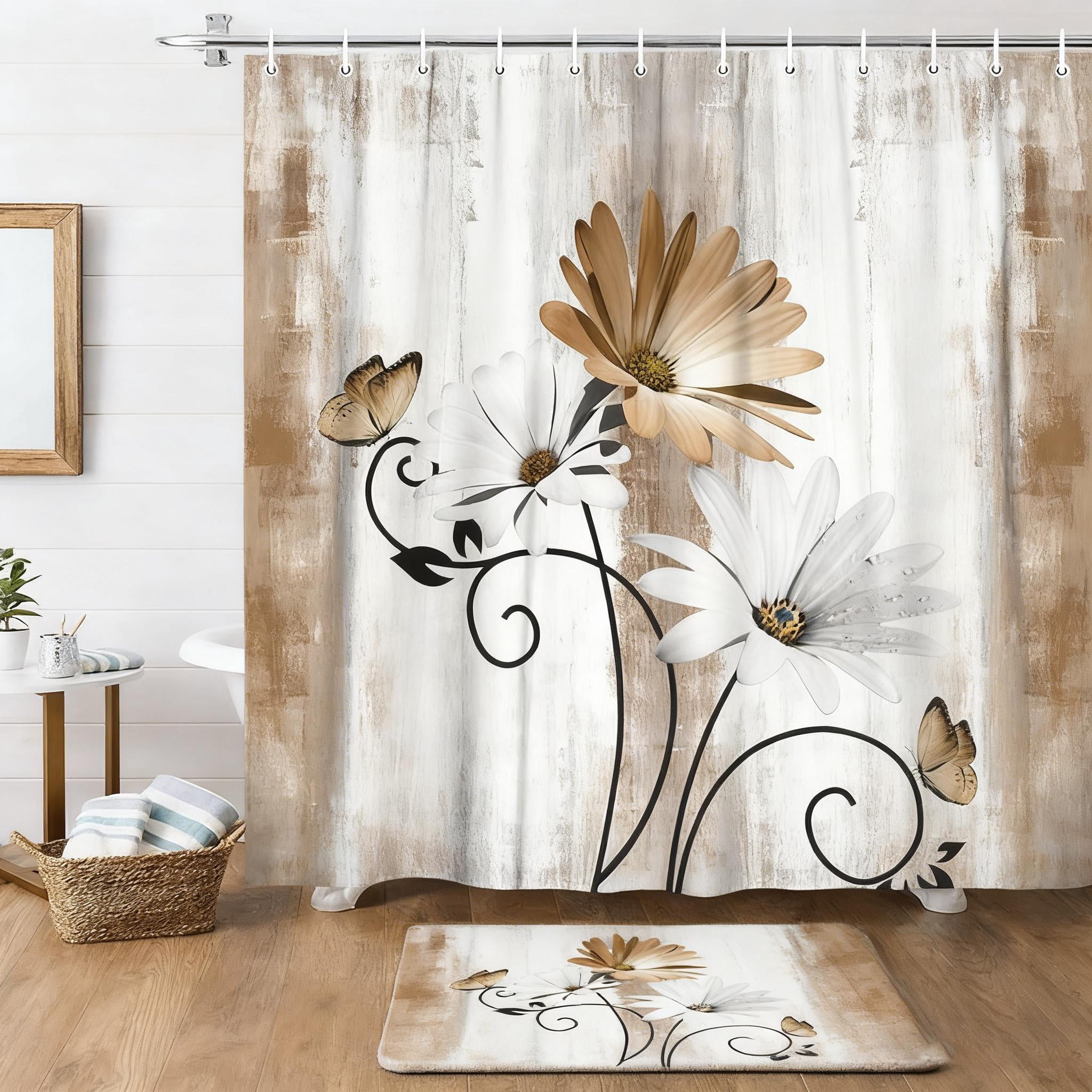 4PCS Daisy Country Farmhouse Shower Curtain Set with Shower Curtain and Carpet and Accessories, Waterproof Bathroom Shower Curtain Decorative Set with 12 pcs Hooks,71 x 71in