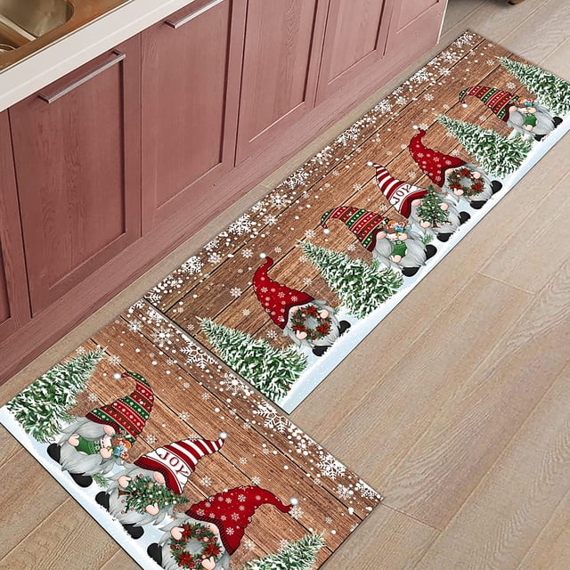 Christmas Washable Kitchen Rugs Cushioned Floor Mat, Gnome Rustic Wooden, Waterproof Non-Slip Kitchen Rugs and Mats, Anti Fatigue Comfort Standing Mat Runner for Kitchen/Sink/Laundry, Snowflake Tree