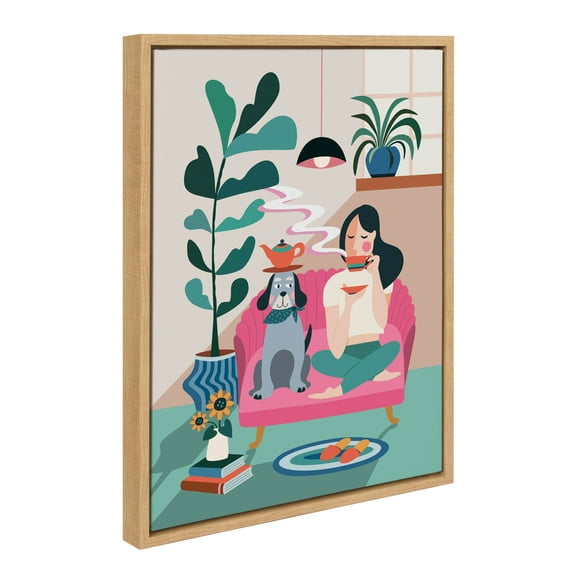 Kate and Laurel Sylvie Mid Century Modern Tea Time Framed Canvas Wall Art by Rachel Lee of My Dream Wall, 18x24 Natural, Modern Colorful Pattern Illustration Art for Wall