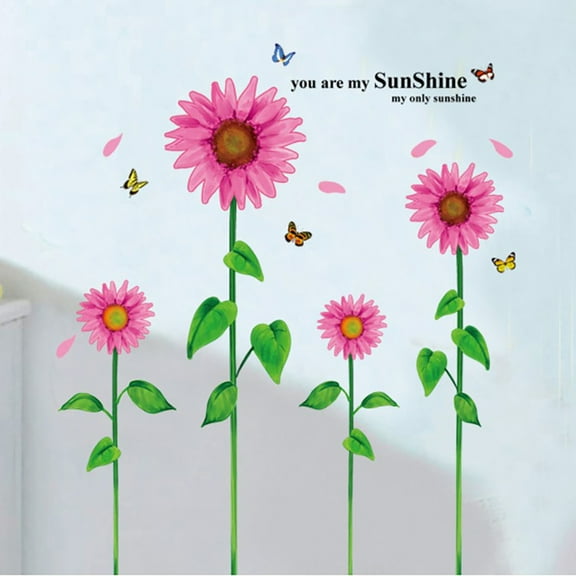 Three RED Beautiful Sunflowers Butterfly  Wall Decal DIY PVC Transparent Film for Kindergarten Living Room Children's Room TV Sofa Background Wall Art Decors Window Dressing Living Room