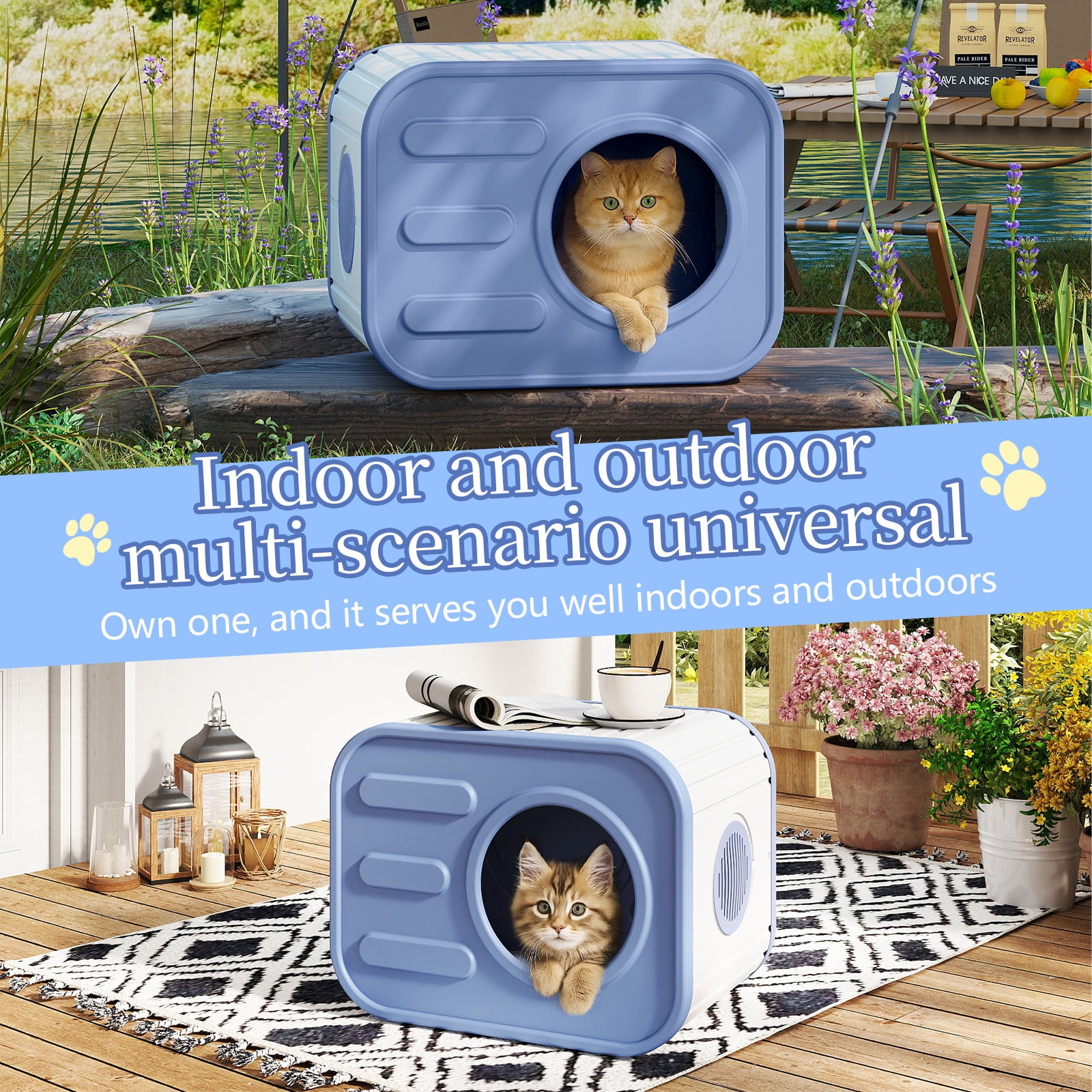 EasyUp Cat House for Indoor & Outdoor Cats, Resin Weatherproof Cat House with Camera-Shaped Design, Versatile for Home & Yard Use(Blue&Grey)