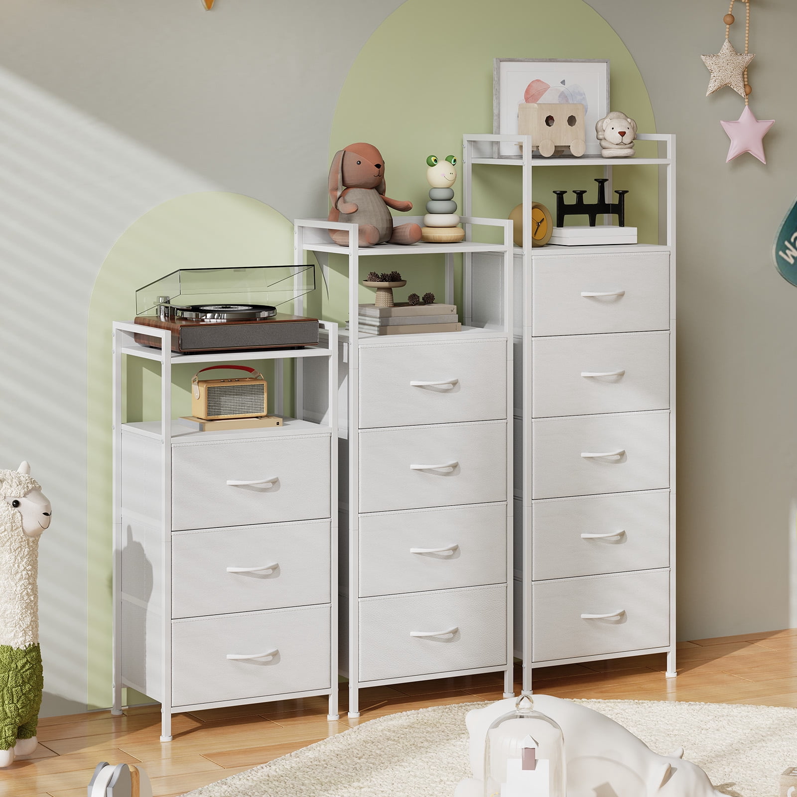 Eunos White Tall Nightstand, 5 Vertical Fabric Drawer Dresser for Bedroom, Living Room, Hallway