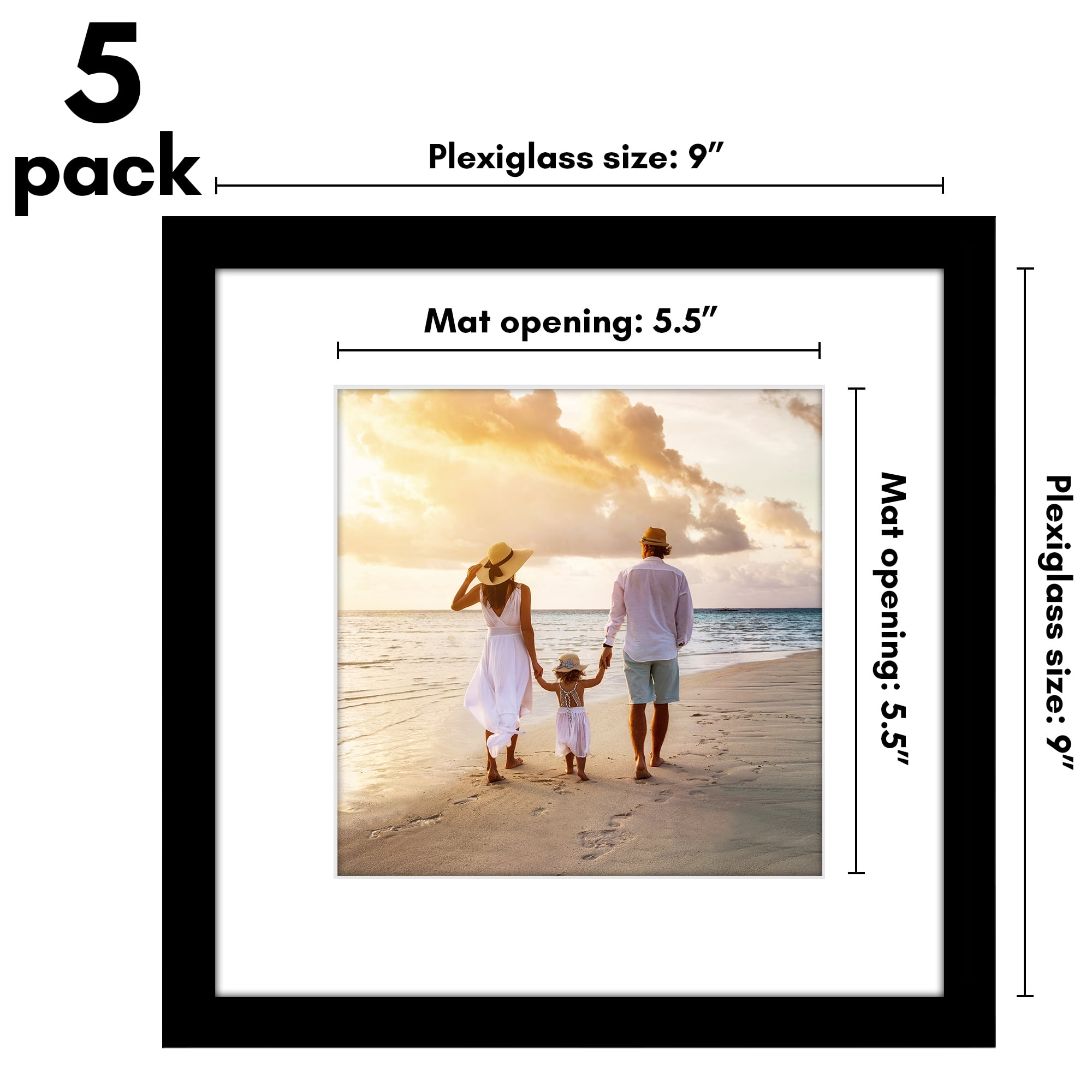 Americanflat 9x9 Picture Frame with Polished Plexiglass with 6x6 Mat 5 Pack Display Photo Galleria - Black