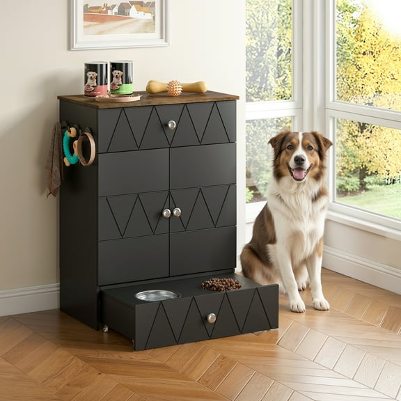 Advwin Pet Feeding Station Furniture with 2 Elevated Dog Bowls, Dog Food Storage Cabinet with Drawer, Adjustable Shelves & Hooks, Black