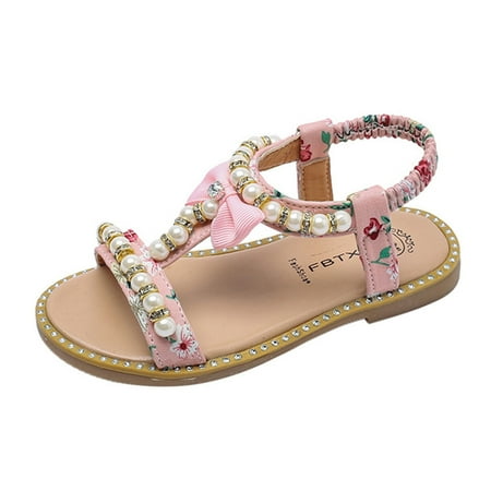 

EHTMSAK Toddler Baby Girl Party School Wedding Sandals Kids Summer Dress Pearl Crystal First Walkers Shoes Pink 12M-7Y 22
