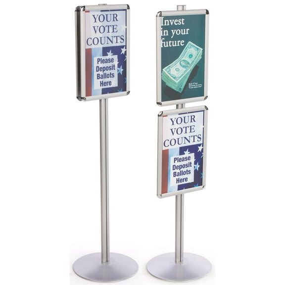Display Stands 14”w x 55-1/2”h x 14”d Silver Finish Aluminum Snap Open Poster Holders for (2) 11” x 17” Images – Floor Standing Frames Are Adjustable for a Variety of Advertising Options (QCRND17X2)
