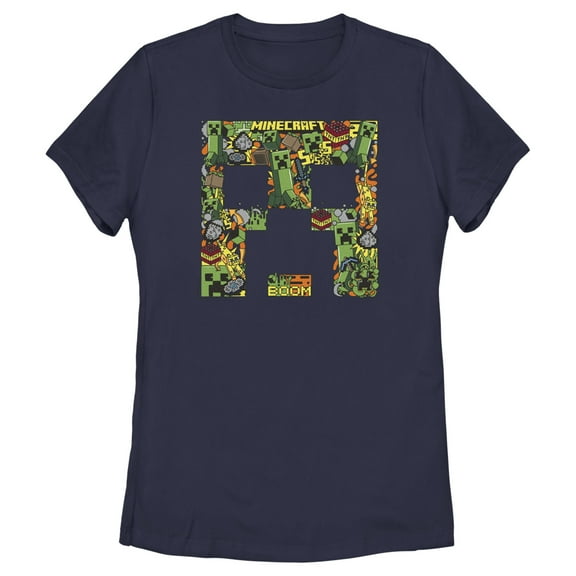 Women's Minecraft Creeper Face Collage  Graphic Tee Navy Blue Medium