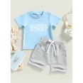 thumbnail image 2 of Bagilaanoe 2pcs Toddler Baby Boy Short Pants Set Letters Print Short Sleeve T-Shirt Tops + Shorts 6M 12M 18M 24M 3T Kids Casual Easter Outfits, 2 of 9
