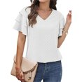thumbnail image 1 of Camisetas de manga con volantes multicapa para mujer, Camiseta holgada informal, cómoda, cuello en V, Color sólido, Verano, 1 of 5