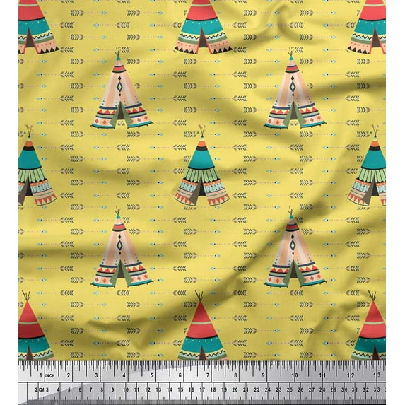 Soimoi Yellow Rayon Fabric Tent & Arrow Tribal Fabric Prints By Yard 56 Inch Wide
