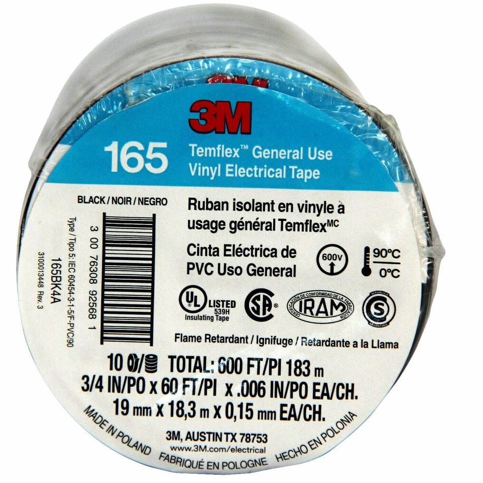 BUTTERFLY- 3M Temflex Vinyl Electrical Tape 165 Multi-Purpose 3/4" X 60Ft Black (3 Pack)