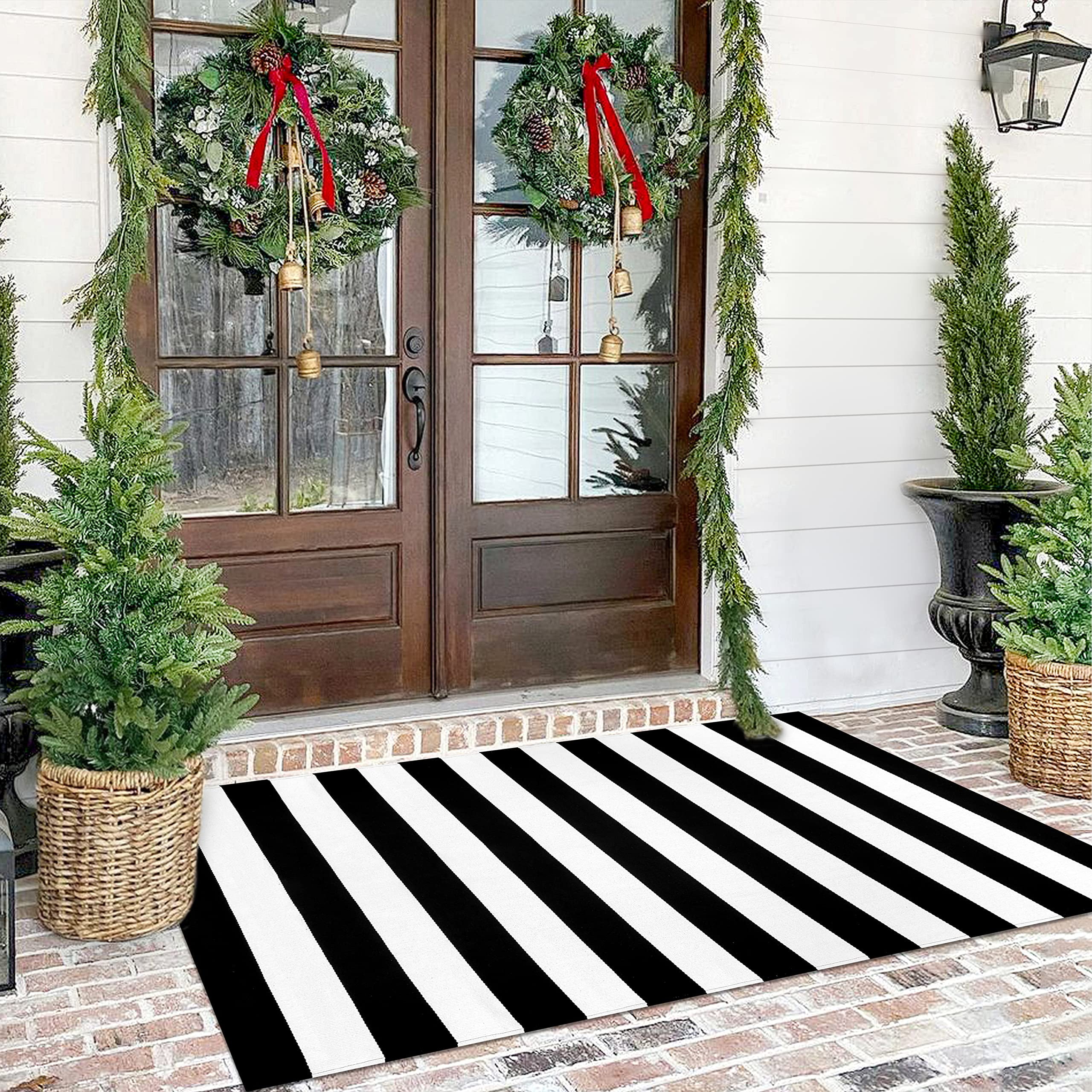 Black and White Striped Rug 4'x6' Indoor Outdoor Rug Front Door Mat