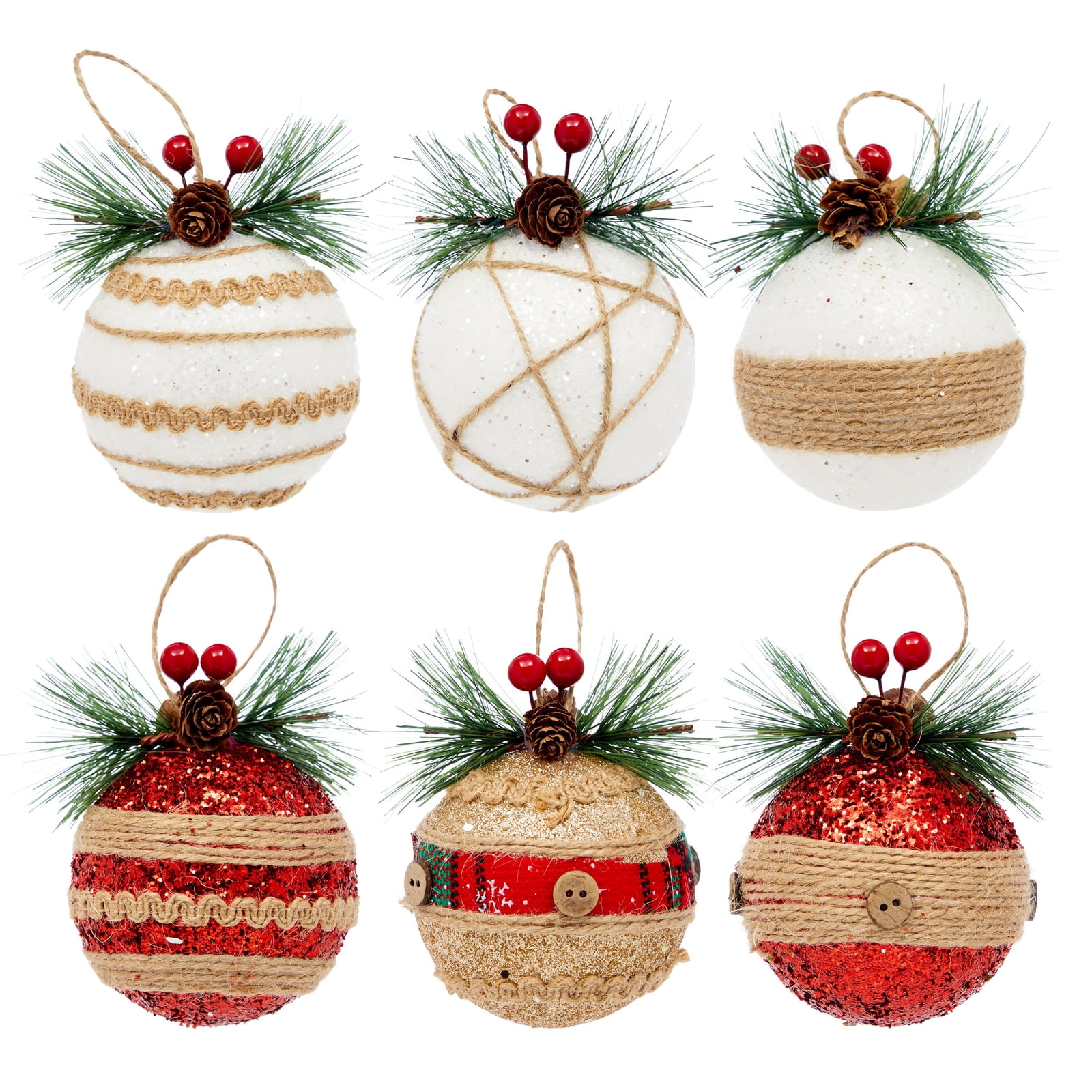 6PCS Assorted White Red Rustic Hanging Ball Ornaments New Years Decorations with Pine Cones Needles Xmas Decor Christmas Decorations Tree Ornaments Set
