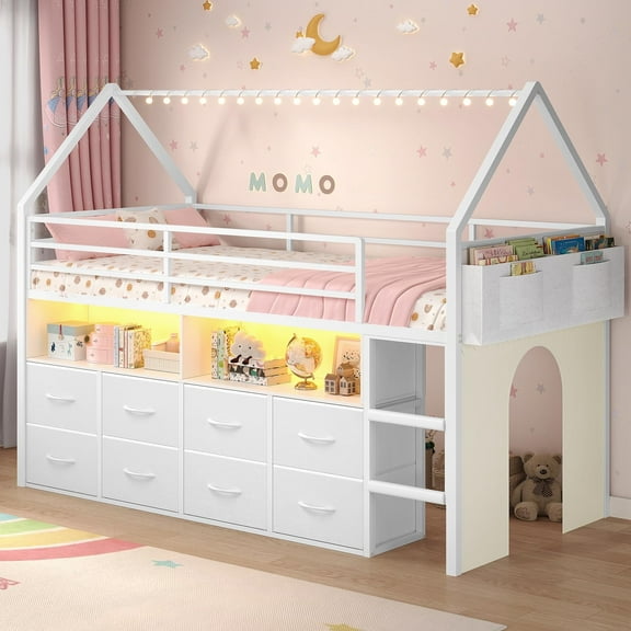Twin Size Low Loft Bed with 8 Storage Drawers and Bookcase, House Shaped Bunk Bed with LED Lights,Metal Loft Bed with Ladder,13.4" Safety Guardrail,White