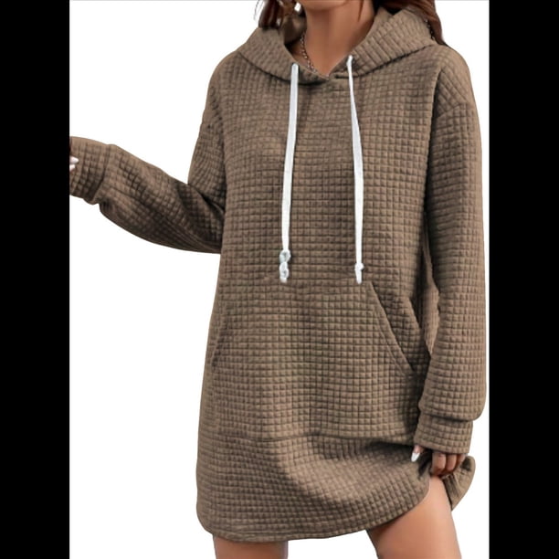 Suéter Deportivo Holgado con Capucha y Bolsillos para Mujer, Informal, de Larga, con Cordón y Diseño de Gofres Color Café M