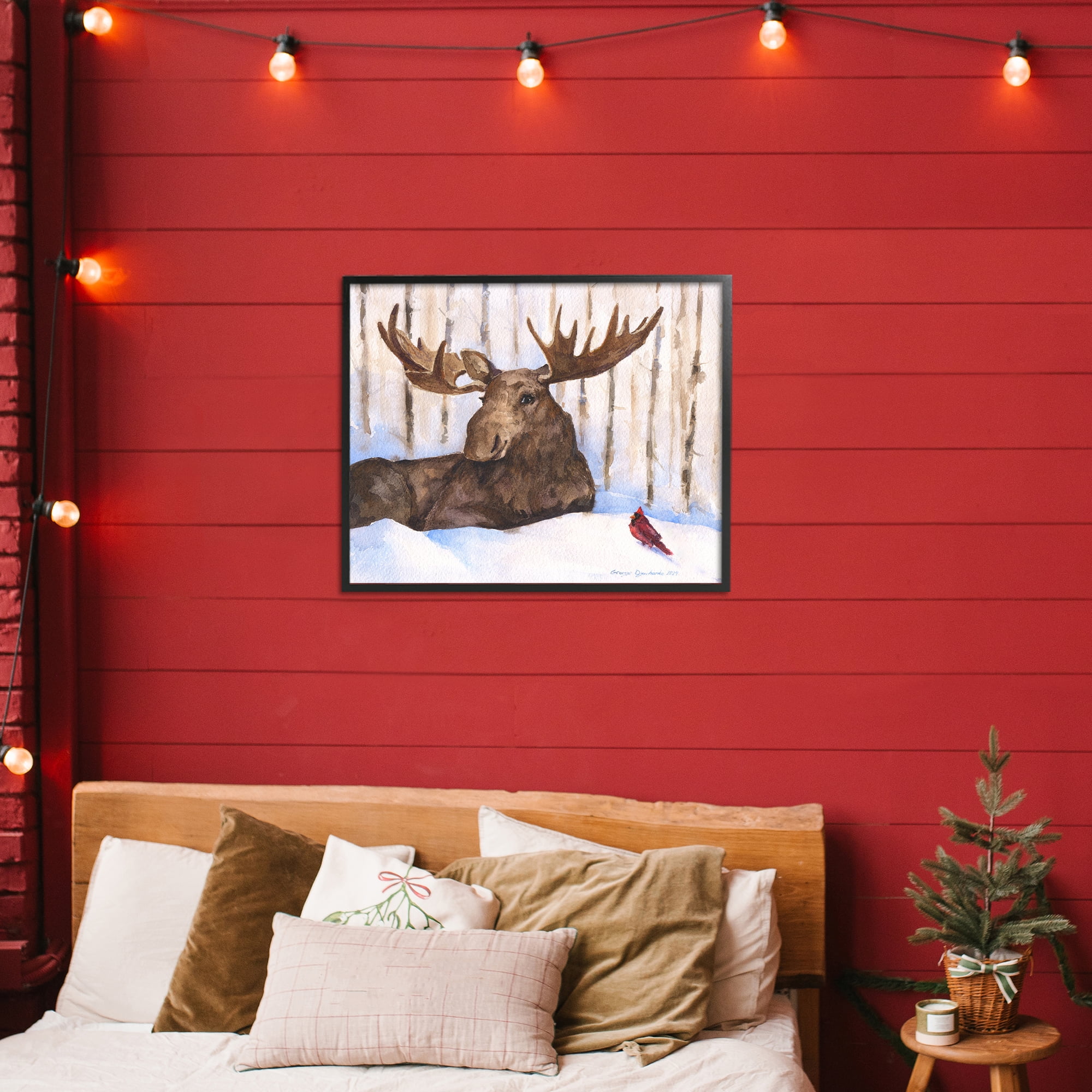 Stupell Industries Moose & Red Cardinal Black Framed Giclee Art, design by George Dyachenko