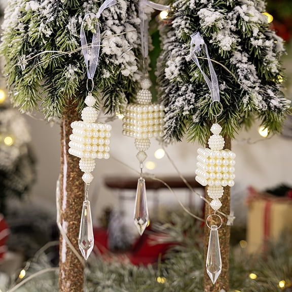 Dserhfy Faux Pearl Christmas Tree Ornaments Winter Faux Pearl Beaded Christmas Hanging Decoration with Faux Crystal Drop Pendant for Home Wedding Holiday Decor