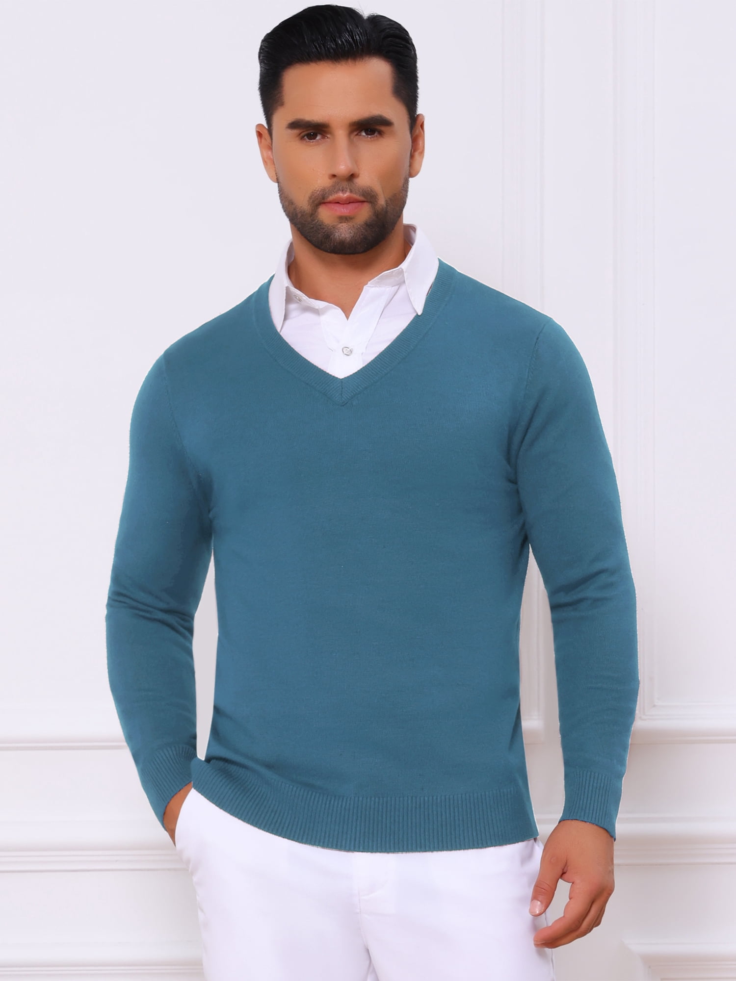 DARING DIVA Men's Long Sleeve V-Neck Solid Knitted Pullover Sweater L Blue