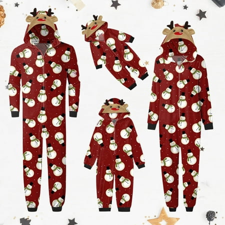 

YYDGH Onesies Matching Christmas Pajamas for Family Snowman Print Jumpsuit Romper Holiday Pjs One Piece Antler Hooded Sleepwear